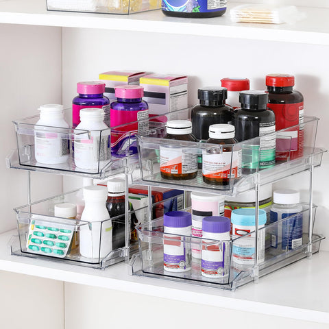 LANDNEOO bathroom makeup organizer keeps cosmetics neatly displayed on the counter.