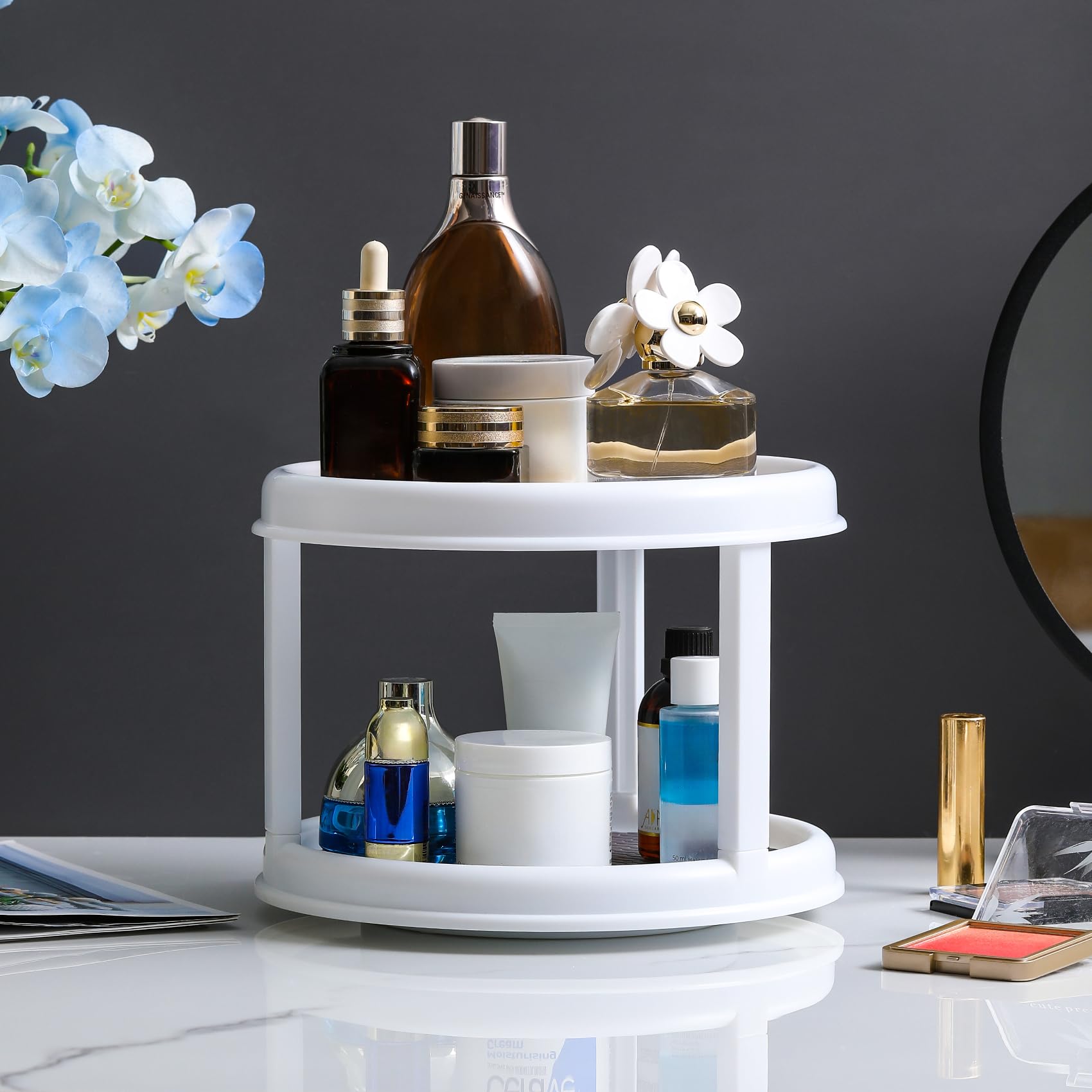 LANDNEOO bathroom vanity organizer rotating shelf keeps cosmetics organized