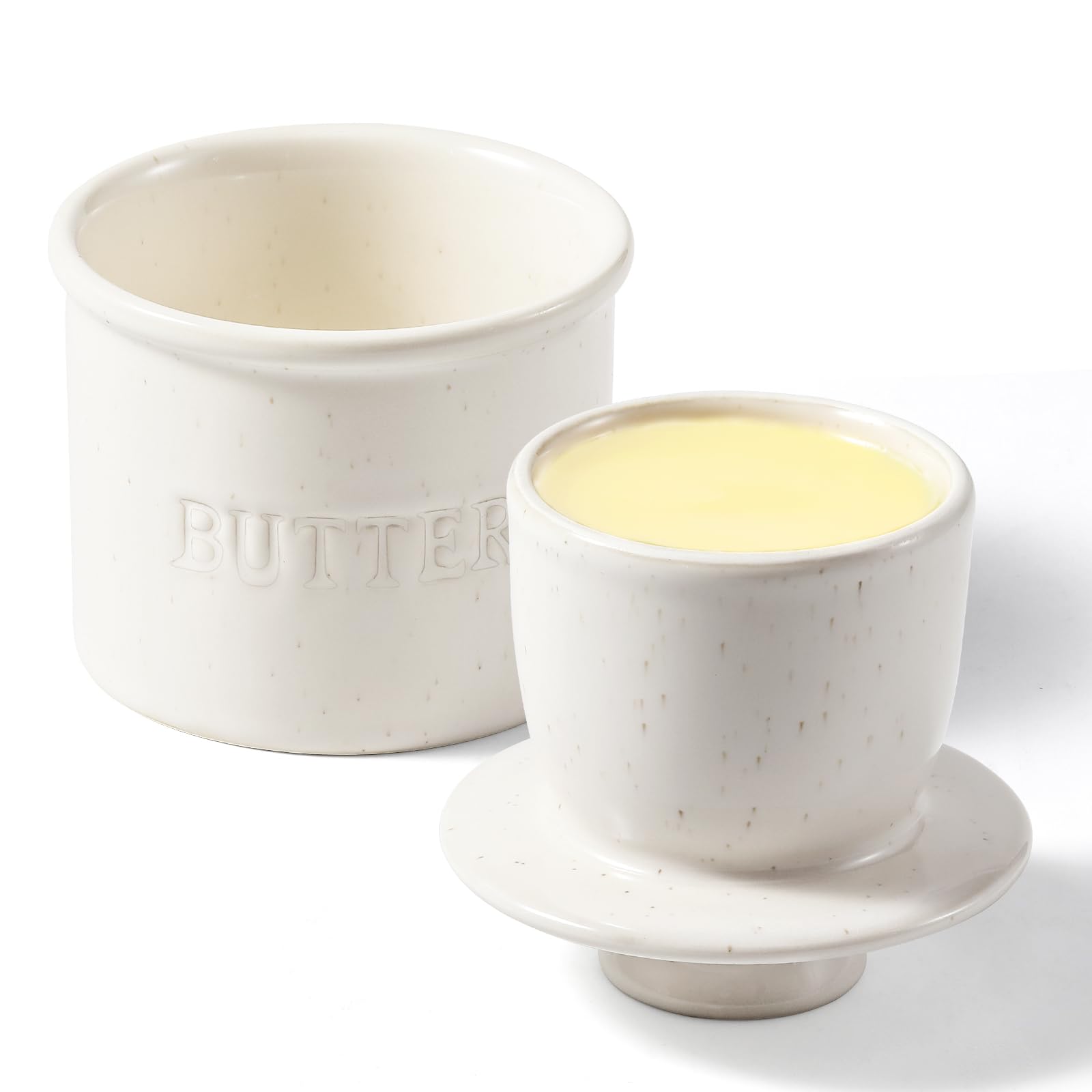 LANDNEOO butter crock speckled white close-up, stylish counter decor and keeps butter fresher.