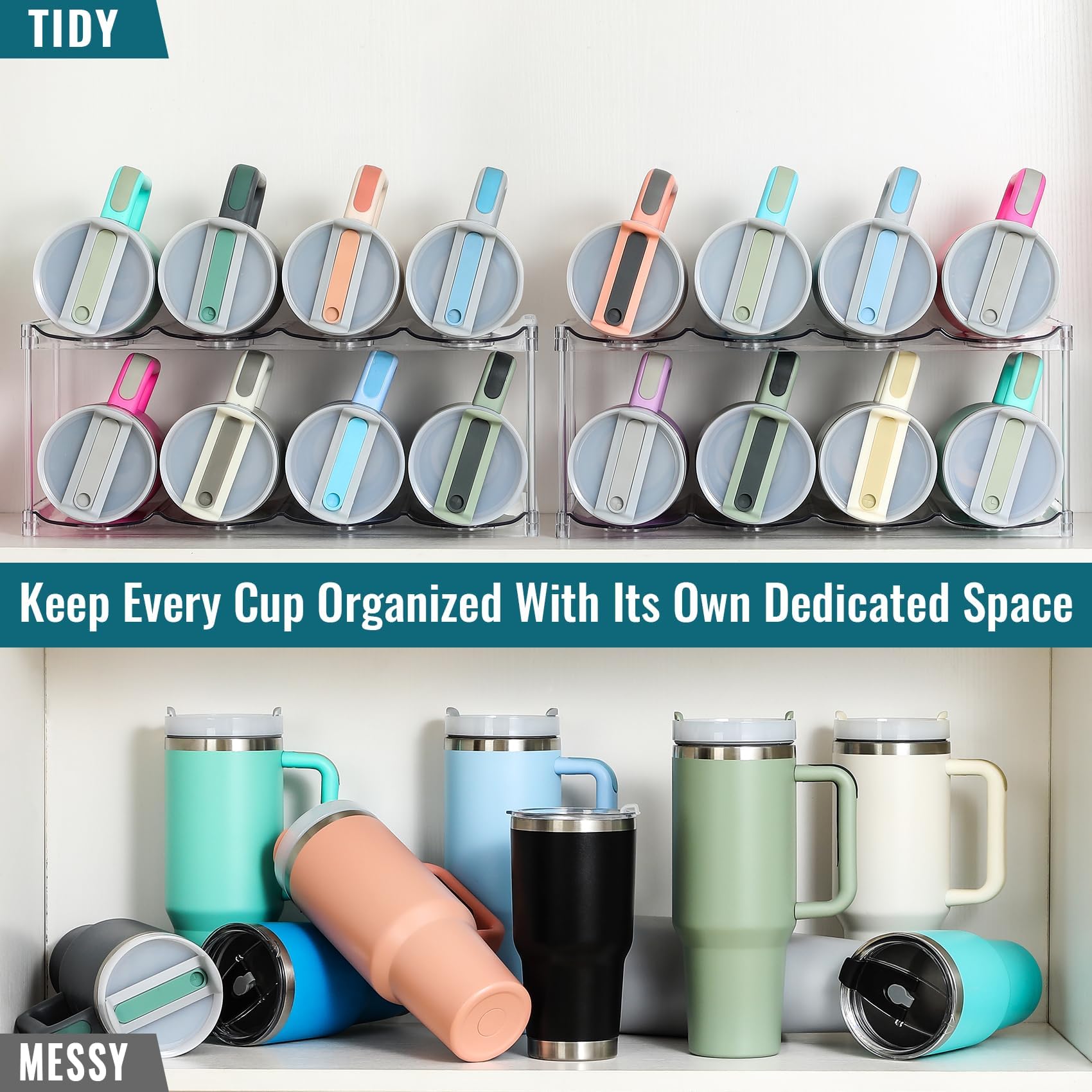 LANDNEOO clear plastic shelf keeps bottles upright and visible.