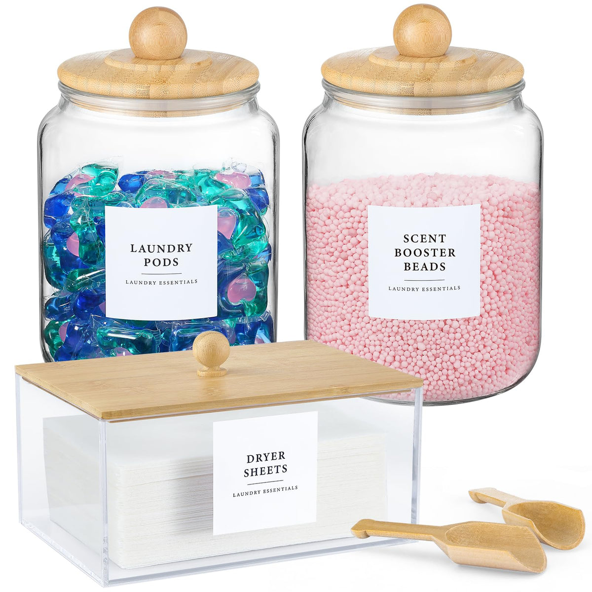 LANDNEOO glass jars with bamboo lids for organized laundry supplies