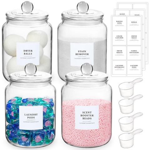 LANDNEOO half gallon glass jar with lid for organized laundry room storage.