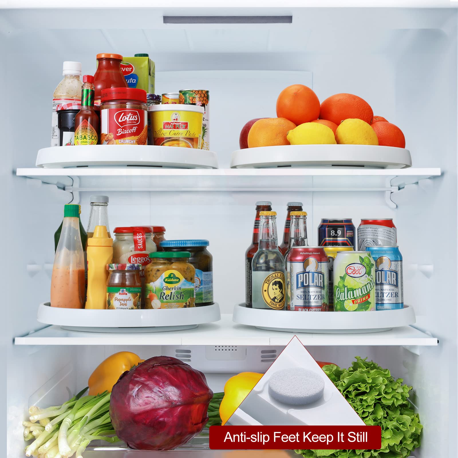 LANDNEOO four-pack keeps condiments, cosmetics, and toiletries neatly accessible.