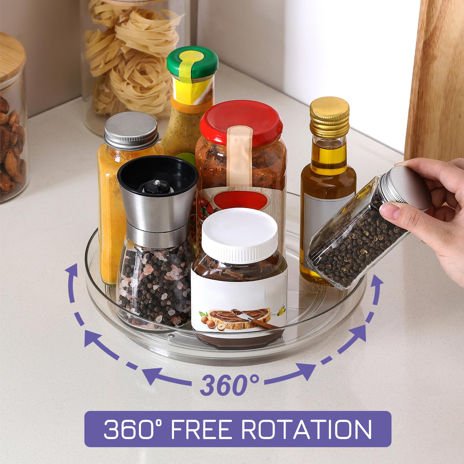 LANDNEOO lazy susan spice rack for organized jars and bottles.
