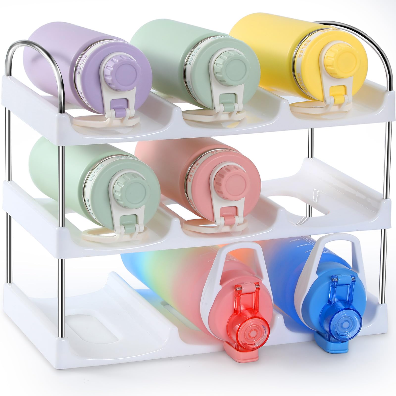 LANDNEOO fridge storage solution stores cans and bottles in orderly rows.