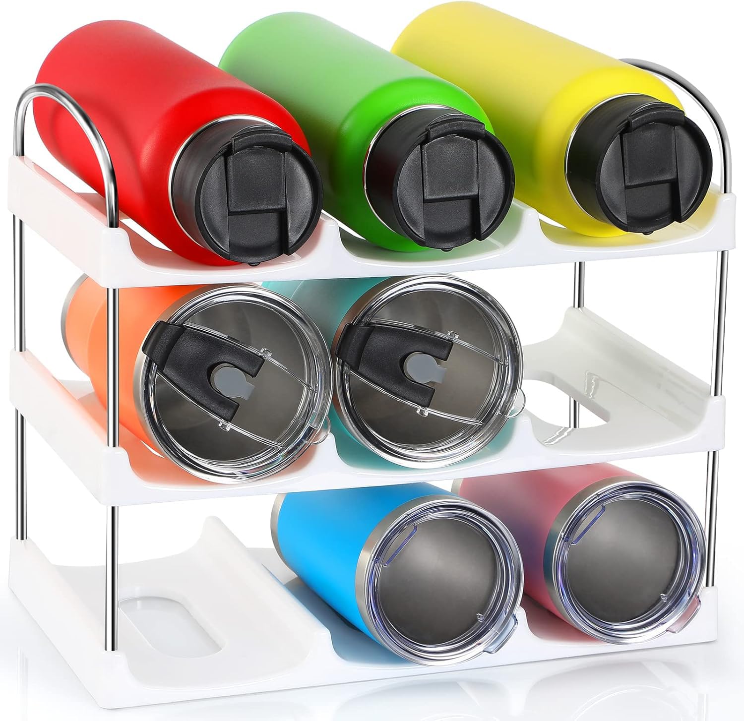 LANDNEOO bottle organizer front view showcasing three-tier stackable design for large tumblers.