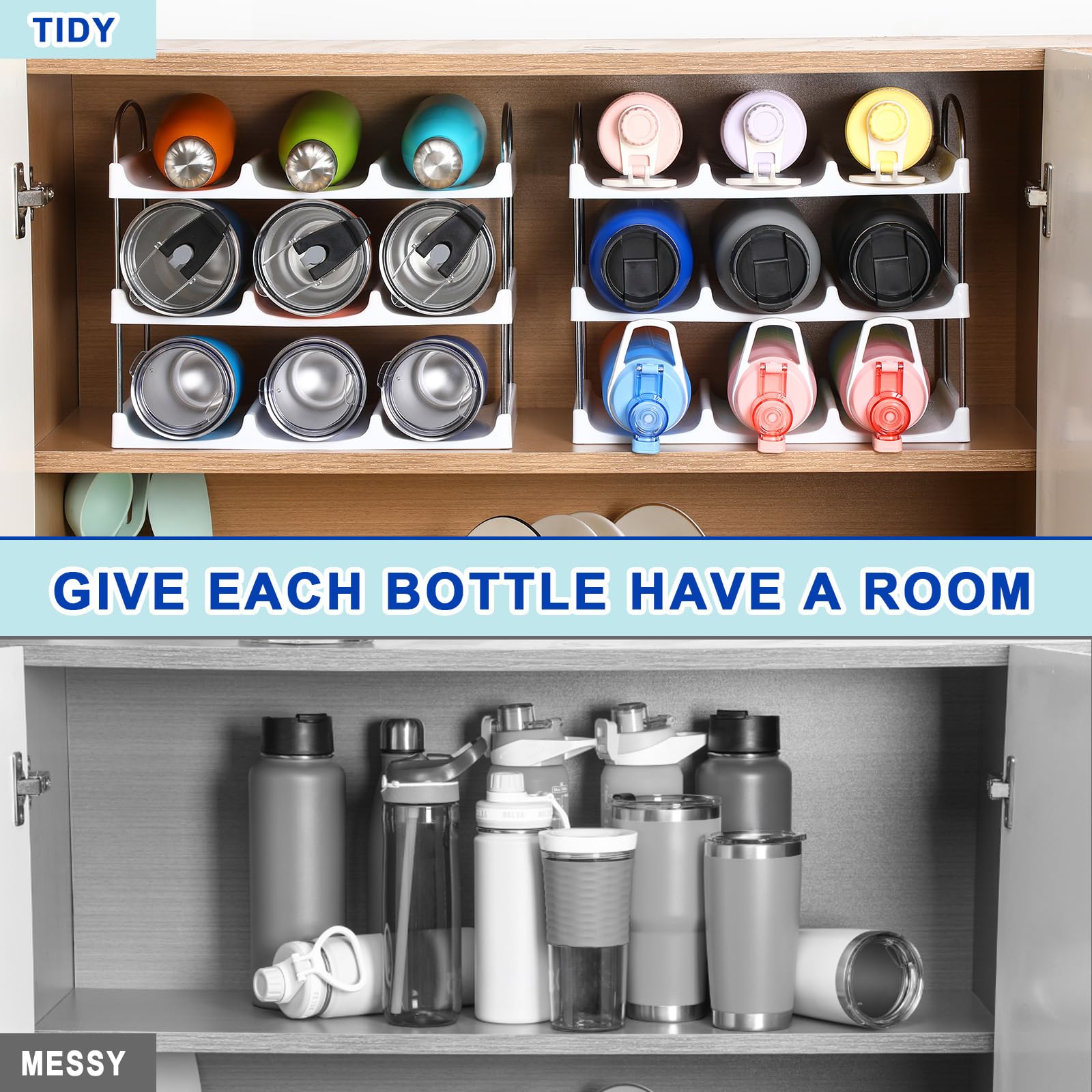 LANDNEOO stackable bottle organizer large-bottle-fit ideal for 30oz tumblers.