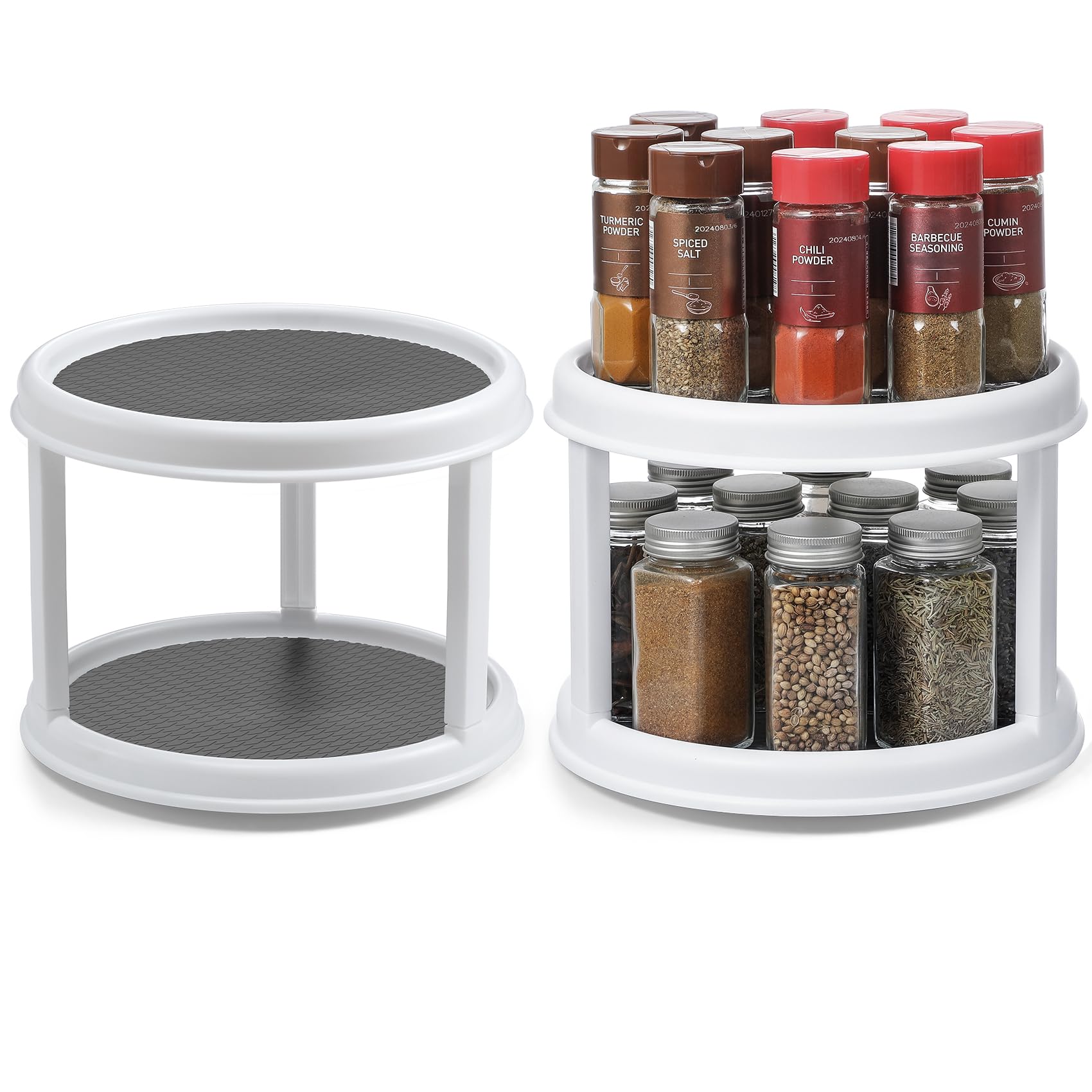 LANDNEOO two-tier turntable spice organizer on kitchen counter improves spice access and visibility
