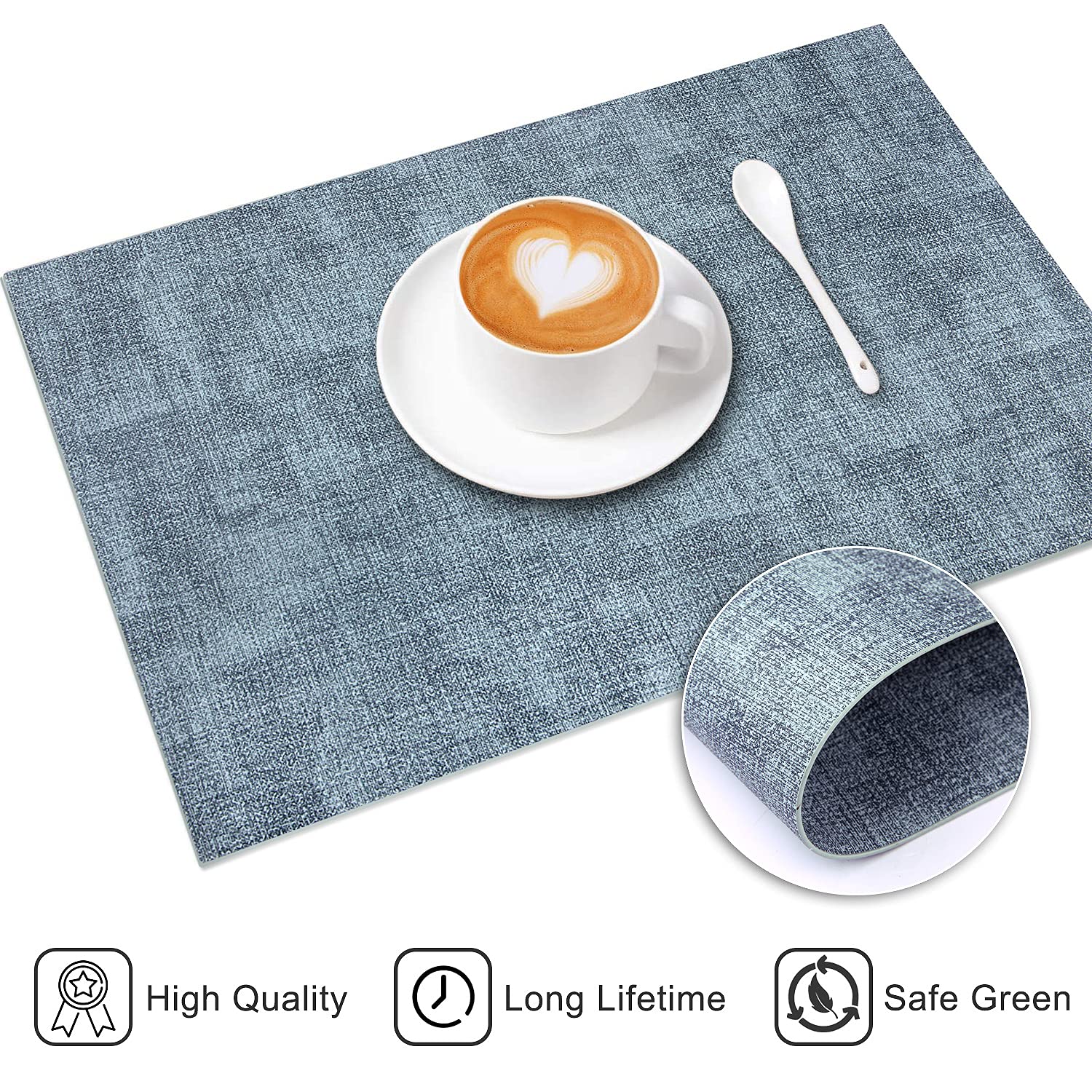 LANDVIEW blue placemats neatly rolled for storage or laid flat for daily dining