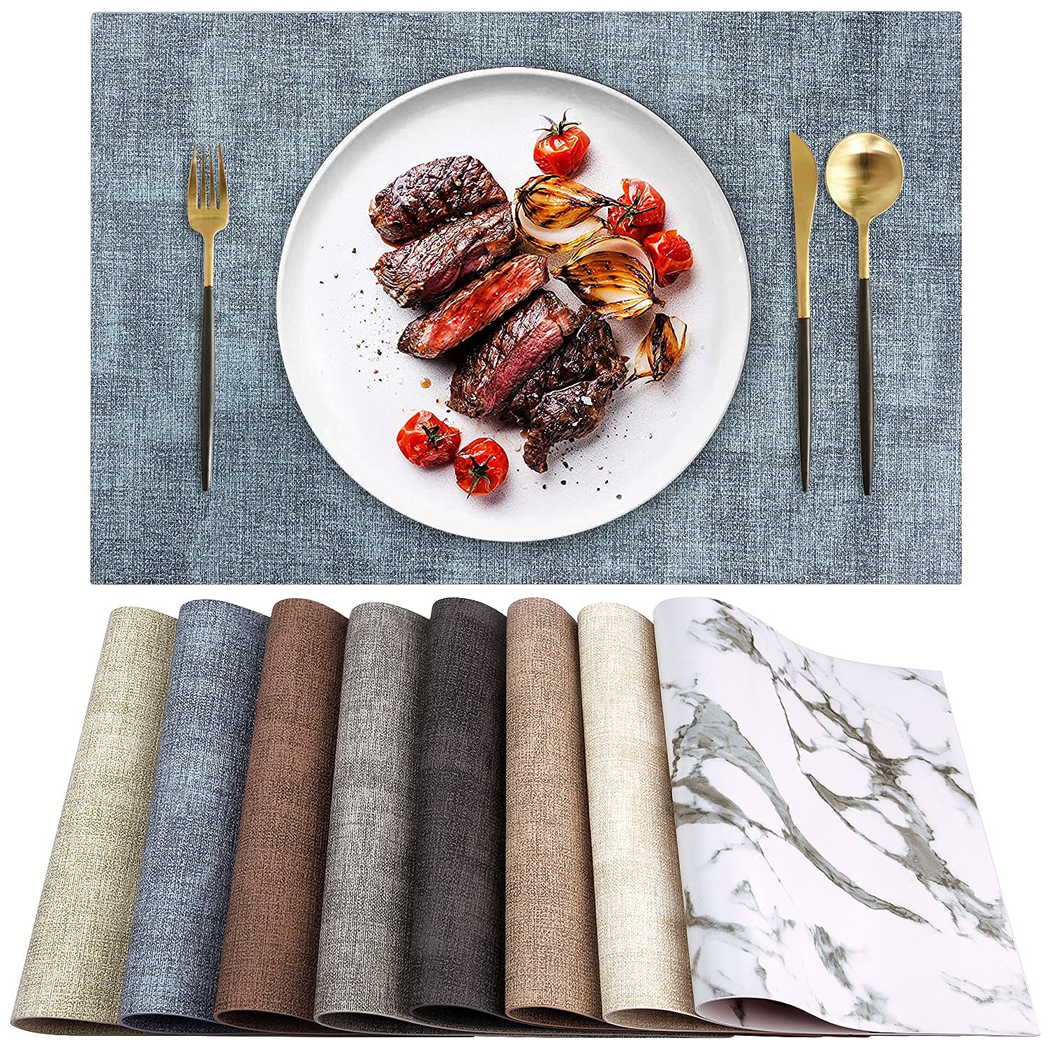 LANDVIEW leather heat-resistant placemats with textured blue surface protecting table from heat and stains