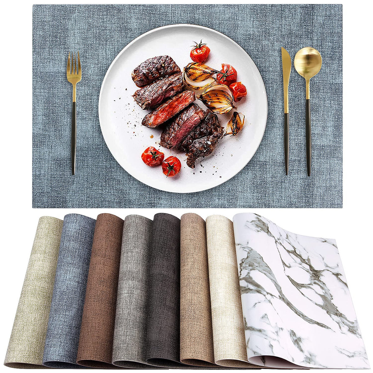 LANDVIEW leather heat-resistant placemats with textured blue surface protecting table from heat and stains