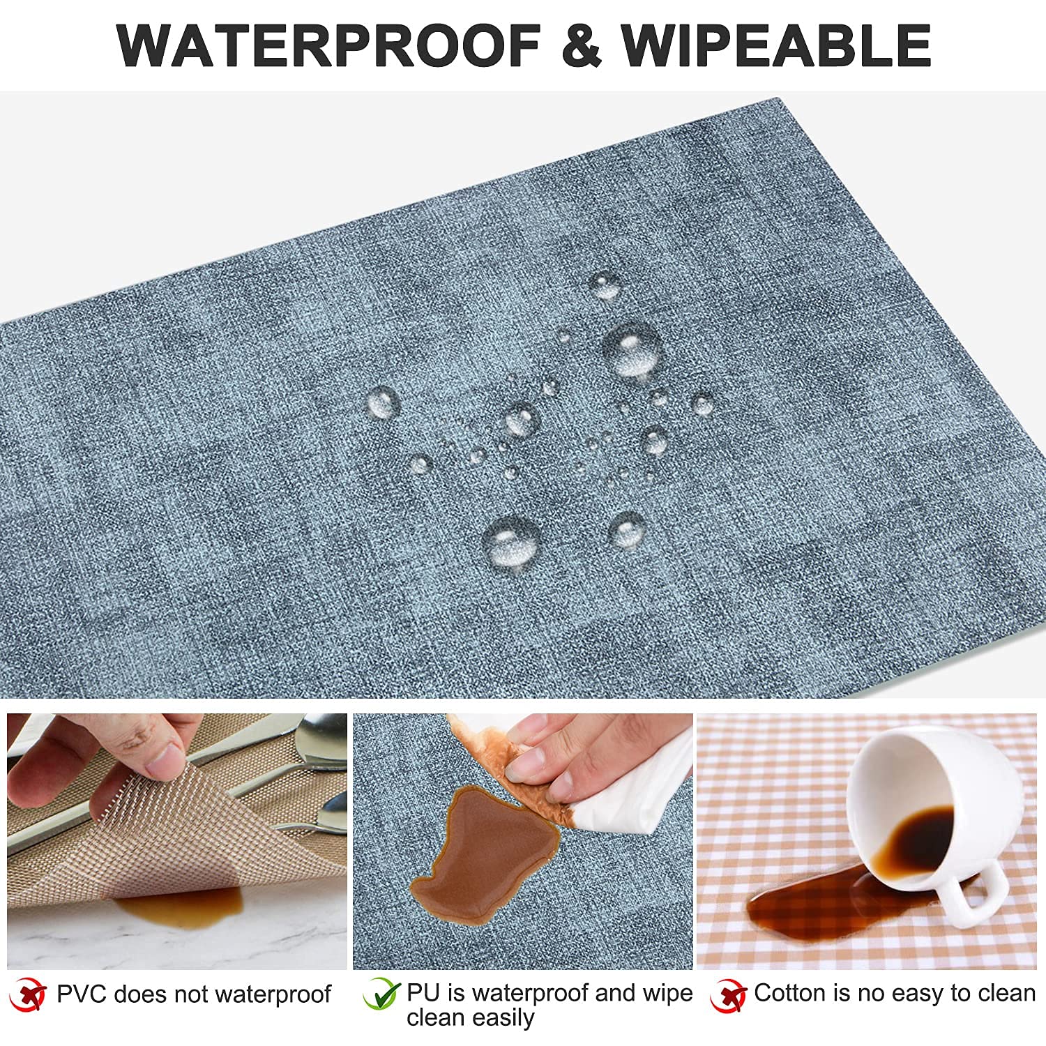 LANDVIEW leather-appearance placemats demonstrate wipe-clean convenience and waterproof design on blue table