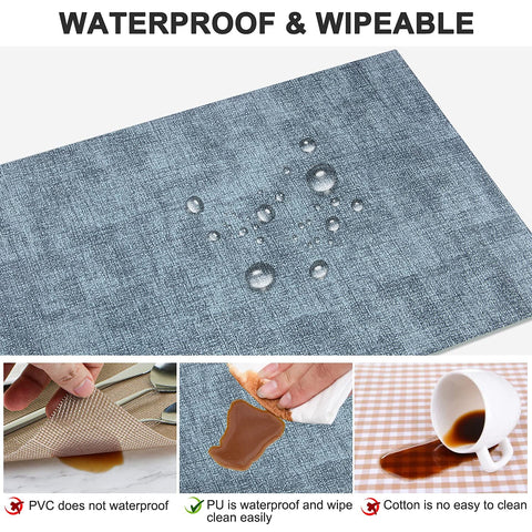 LANDVIEW leather-appearance placemats demonstrate wipe-clean convenience and waterproof design on blue table