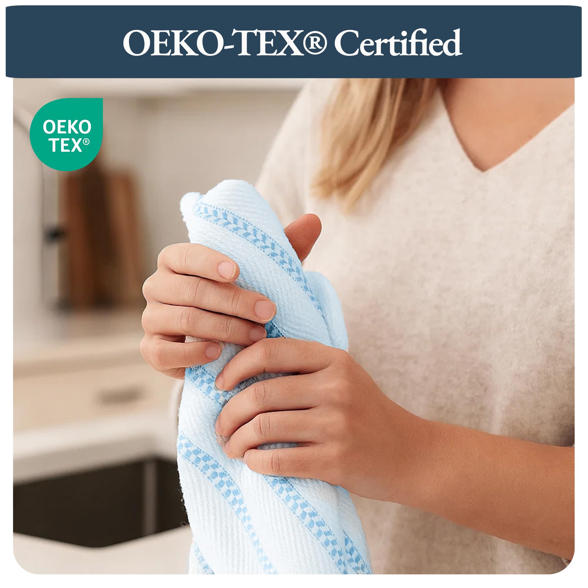 Lane Linen blue sapphire towels brighten any kitchen aesthetic.