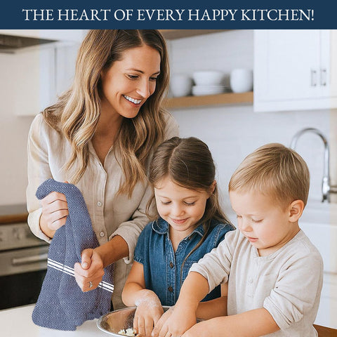 Lane Linen blue striped kitchen towels drying dishes efficiently.