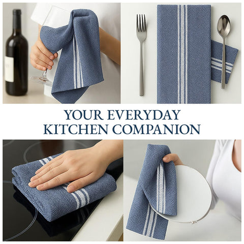 Lane Linen chambray striped towels elevate kitchen decor.