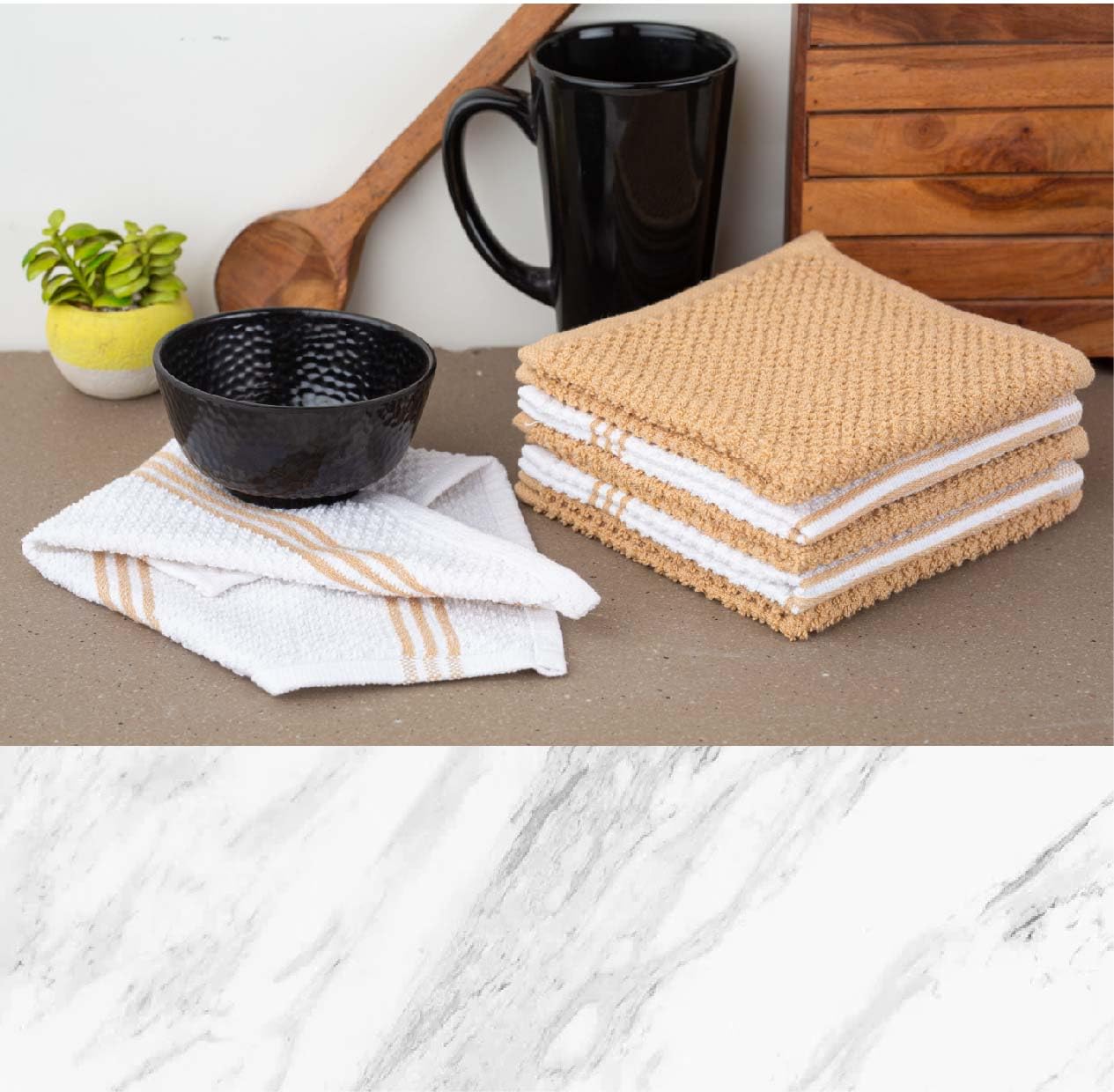 Lane Linen kitchen textiles shown with care instructions for easy washing