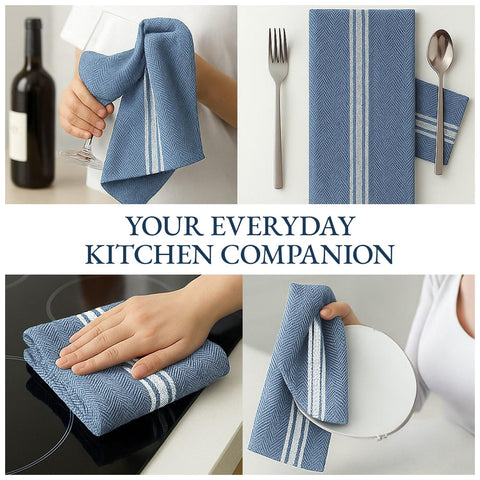 Lane Linen Indigo towels edge color and stitching, resistant to fraying after washing.