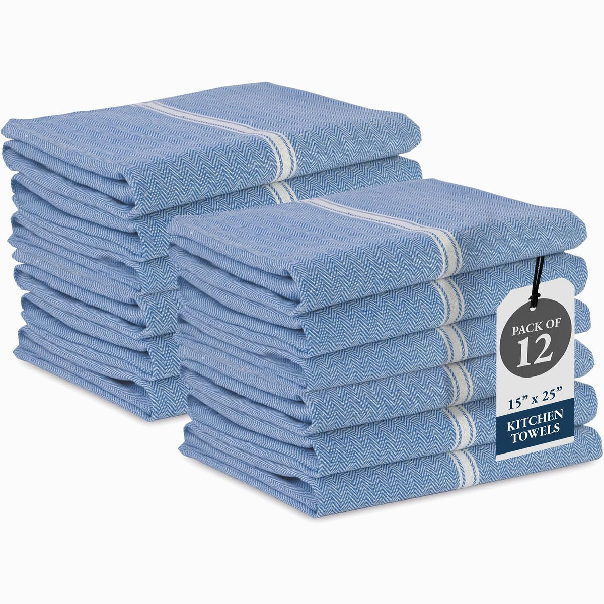 Lane Linen Indigo kitchen towels, front view, durable 12-pack for daily kitchen messes.