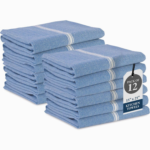 Lane Linen Indigo kitchen towels, front view, durable 12-pack for daily kitchen messes.