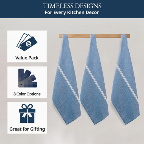 Lane Linen Indigo towels in use during dishwashing, soft feel with strong performance.