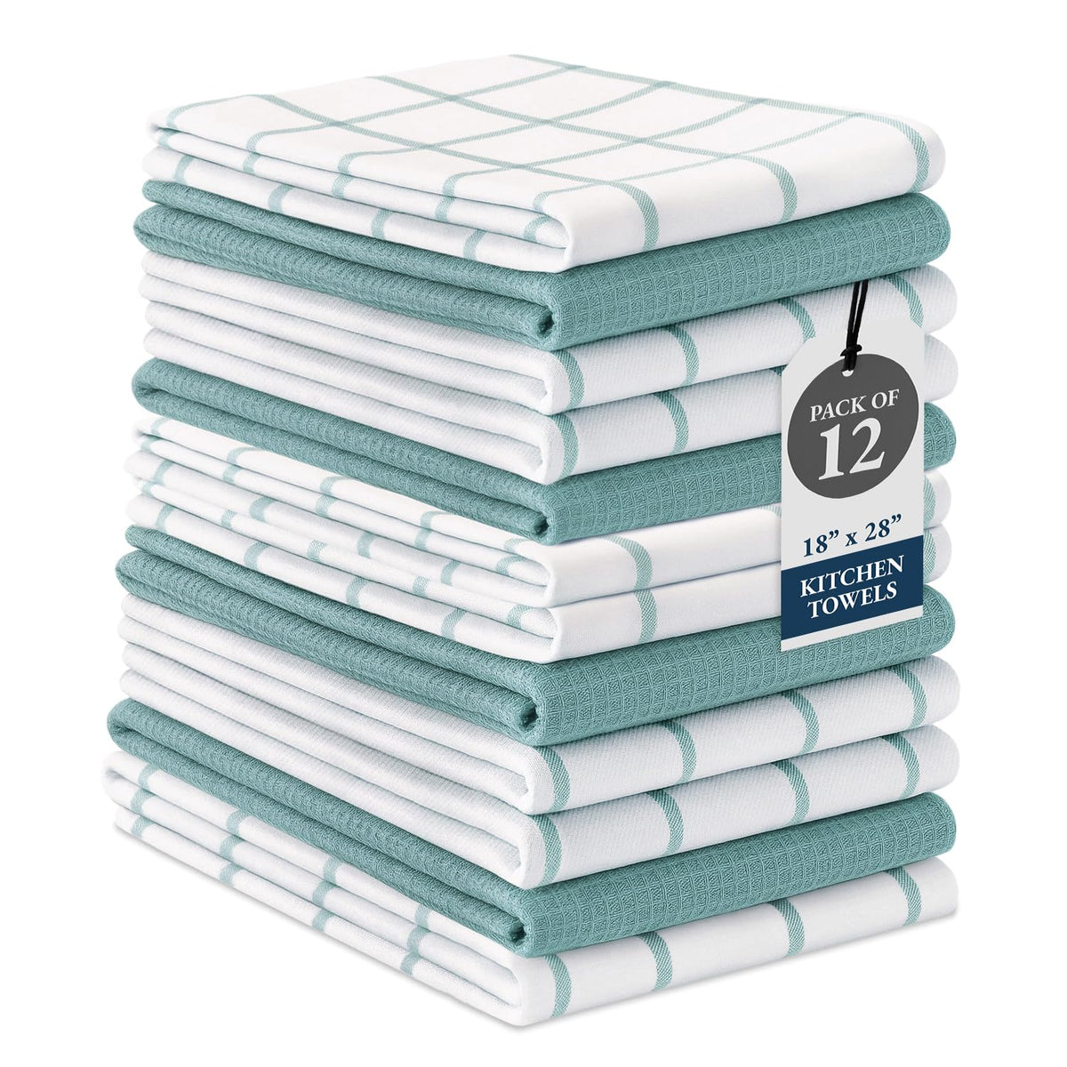 Lane Linen kitchen towels in aqua show quick-drying, high absorbency.