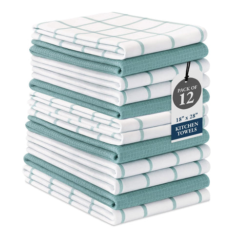 Lane Linen kitchen towels in aqua show quick-drying, high absorbency.