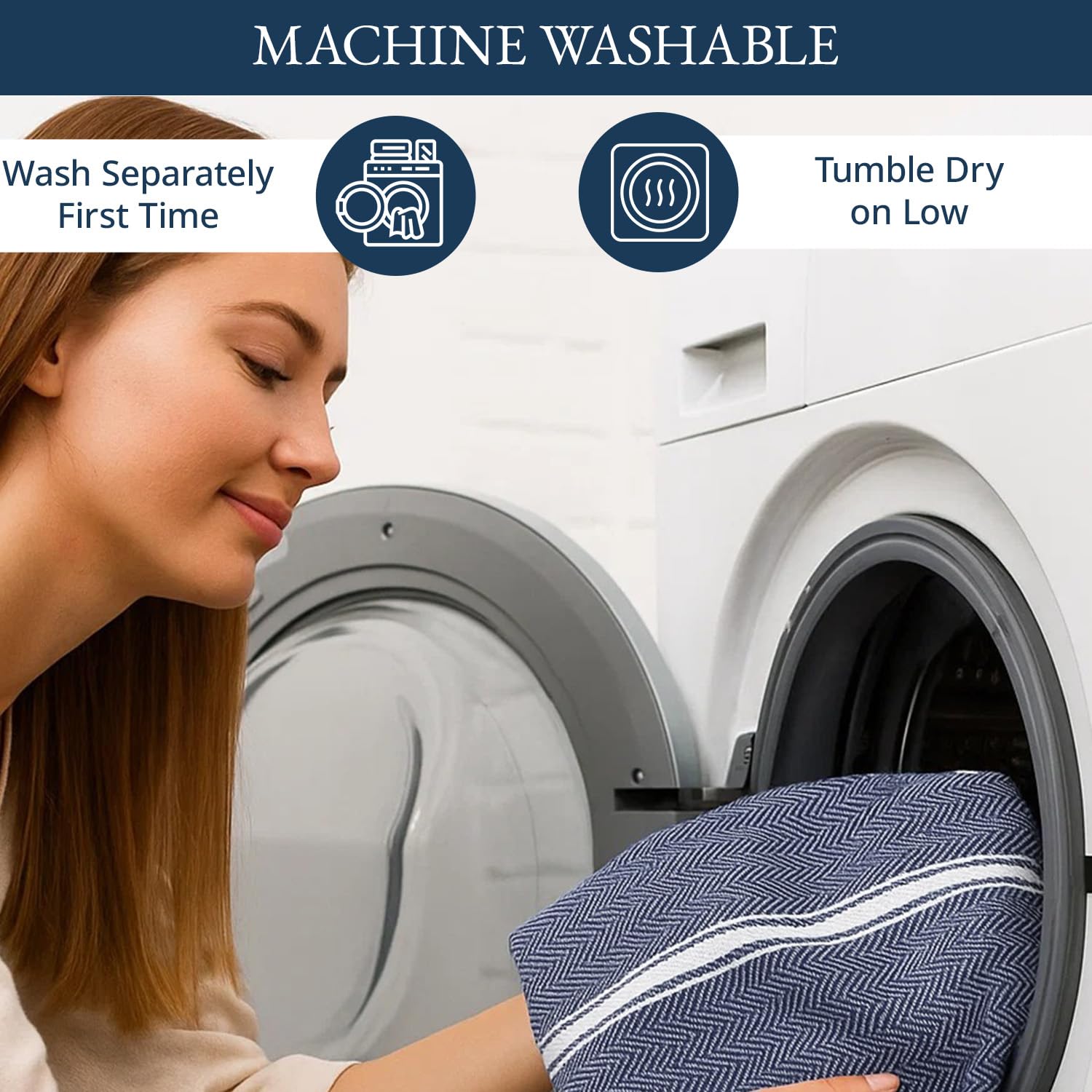 Lane Linen blue chambray towels dry dishes and glass surfaces.