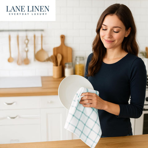 Lane Linen striped kitchen towels in aqua enhance any kitchen look.
