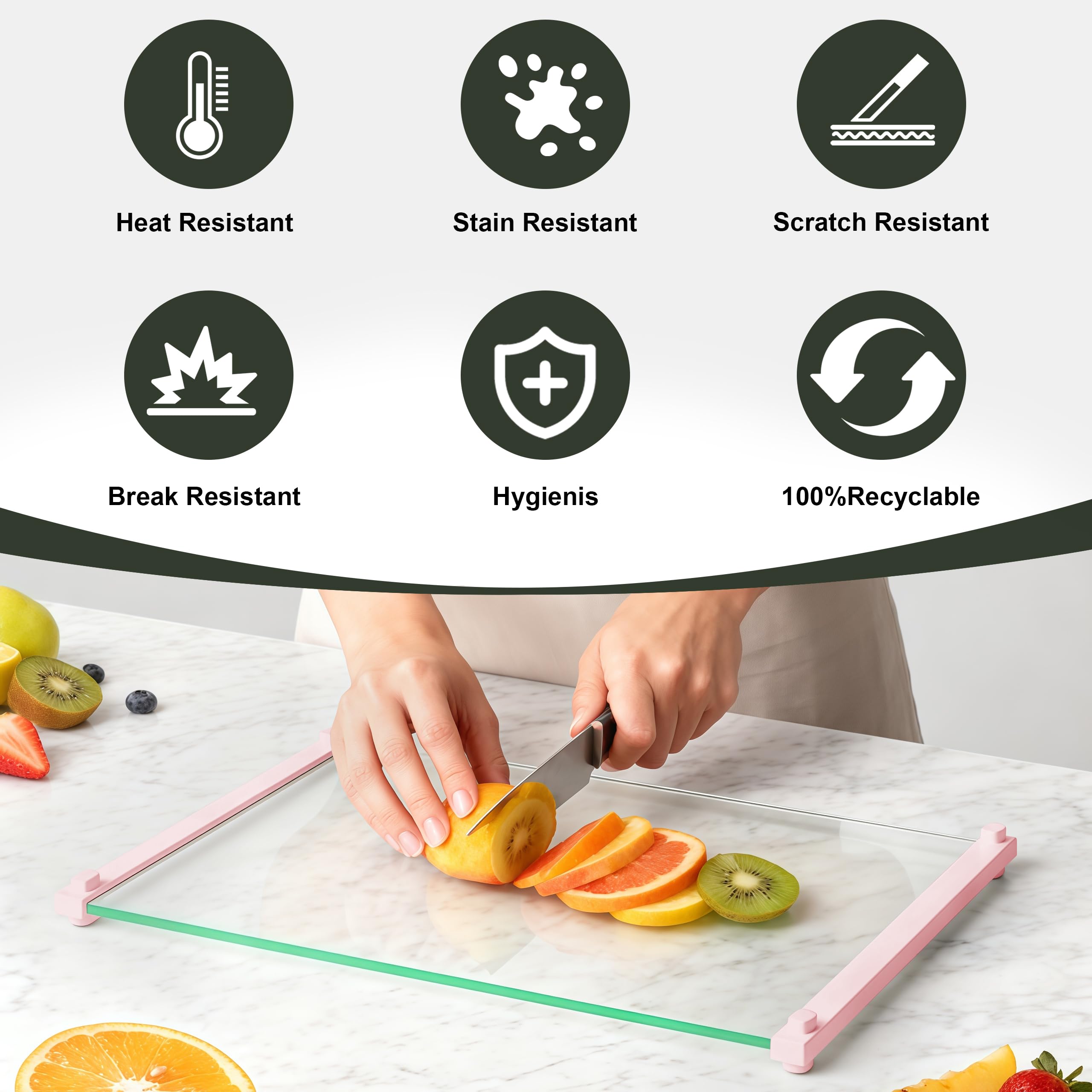 LANGBOHOS pink glass board with anti-slip edge for steady cutting.