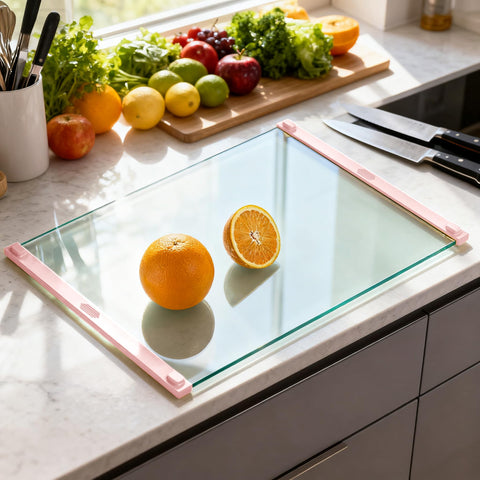 LANGBOHOS pink charcuterie-ready glass board – stylish serving tray option.