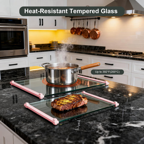 LANGBOHOS pink non-toxic glass board – hygienic, residue-repelling surface.