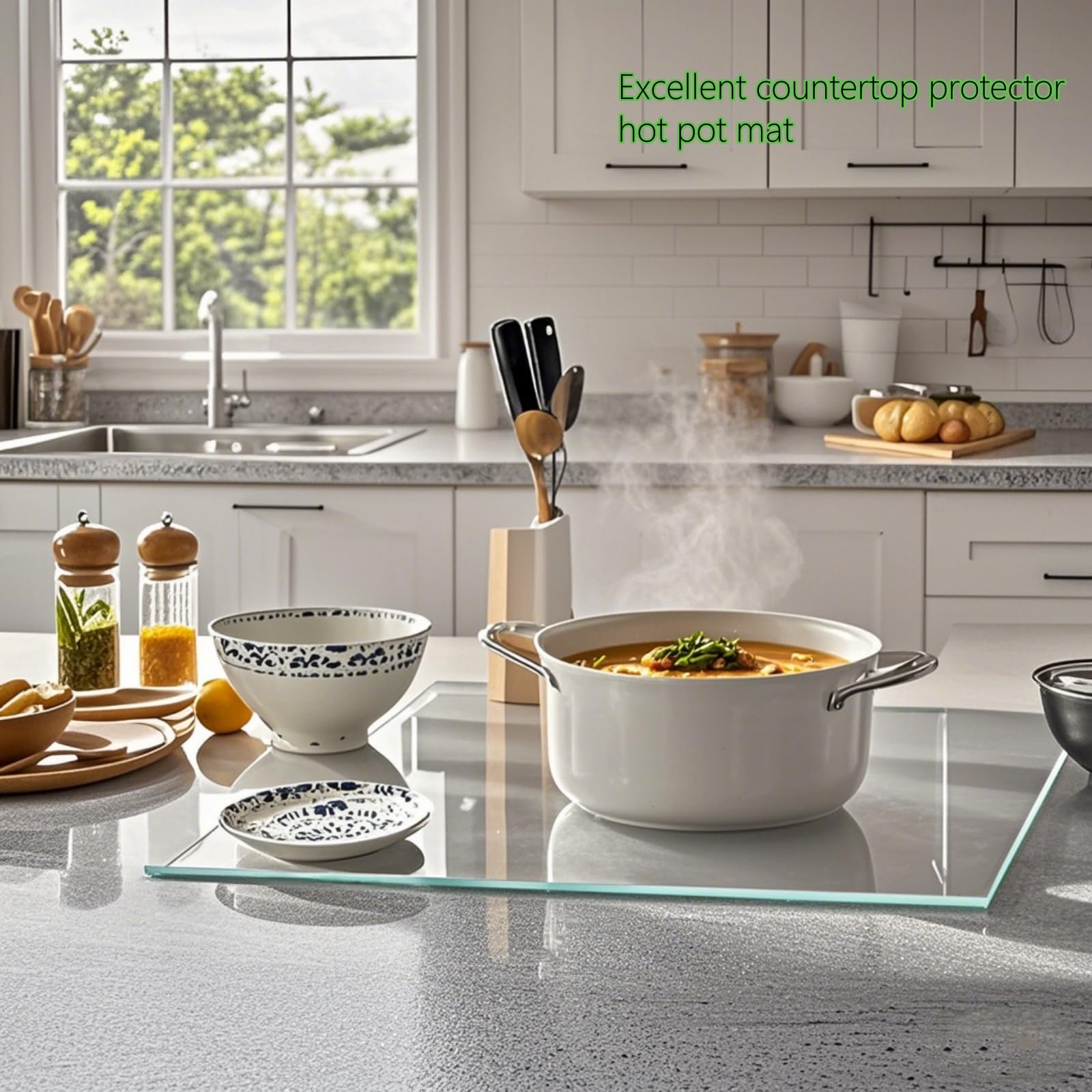 LANGBOHOS heat-resistant glass board protecting countertops during hot pots.