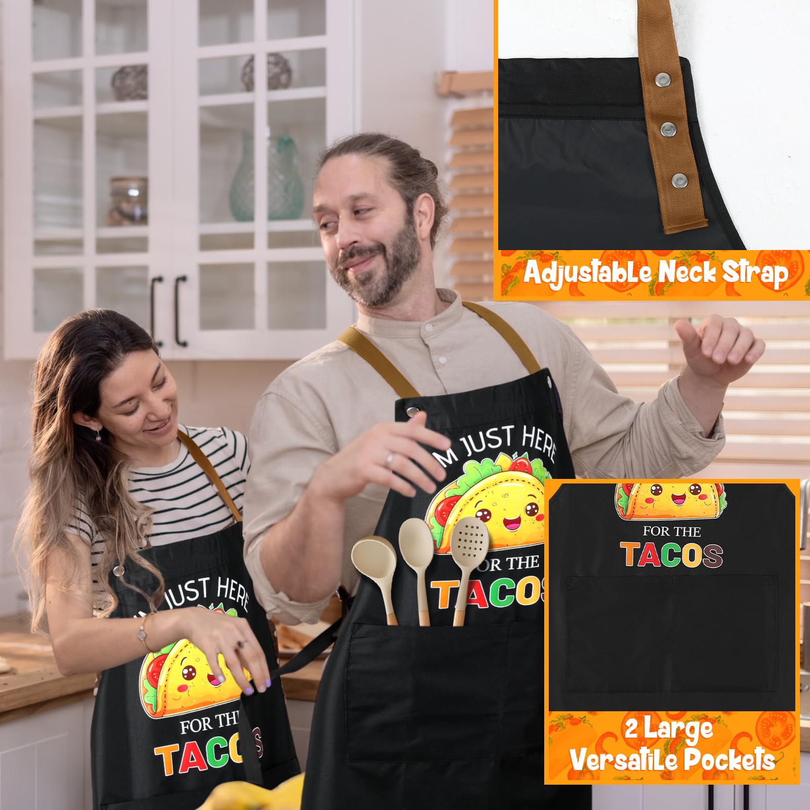 Langyiwee taco apron adjustable neckband for comfortable fit during cooking.