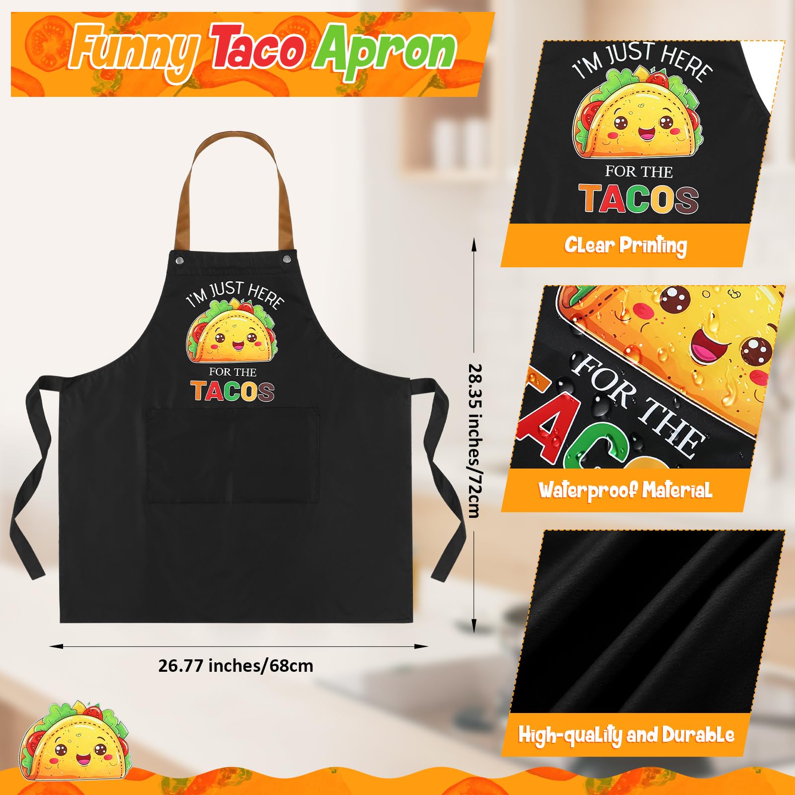 Langyiwee taco apron pocket detail shows double pockets for utensils.