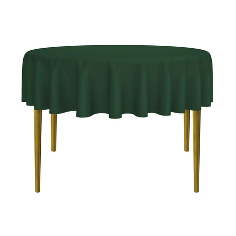 Lann's Linens 70-inch round hunter green tablecloth on an elegant banquet setup.