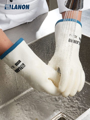 LANON Liquid Silicone Gloves in kitchen for versatile protection during cooking.