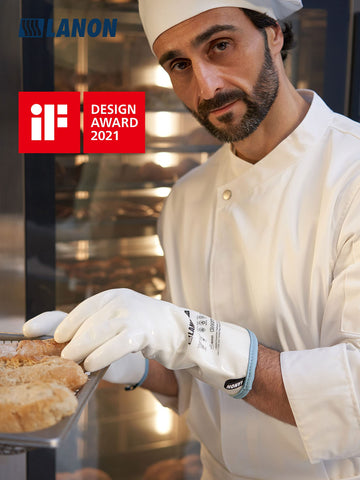 LANON Liquid Silicone Gloves during food prep for safe slicing.