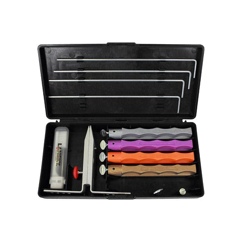 Lansky deluxe 4-stone diamond system for precise edge refinement on kitchen knives.