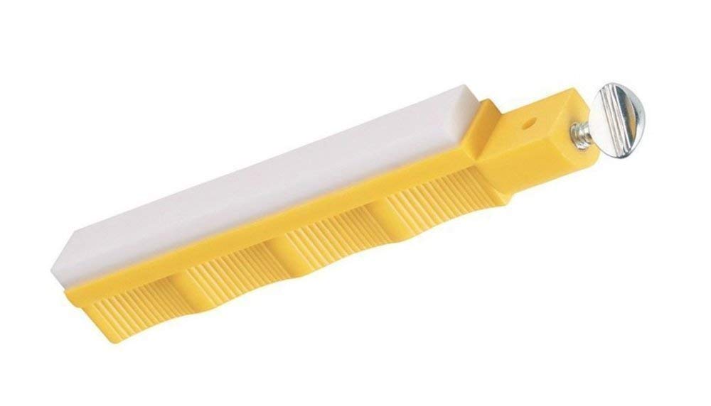 Stable base and fine grit deliver controlled edge for straight-edge blades.
