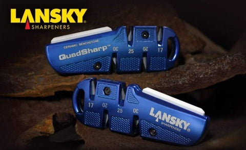 Lansky QuadSharp Blue in-use knife sharpening demonstrates compatibility with Lansky kits