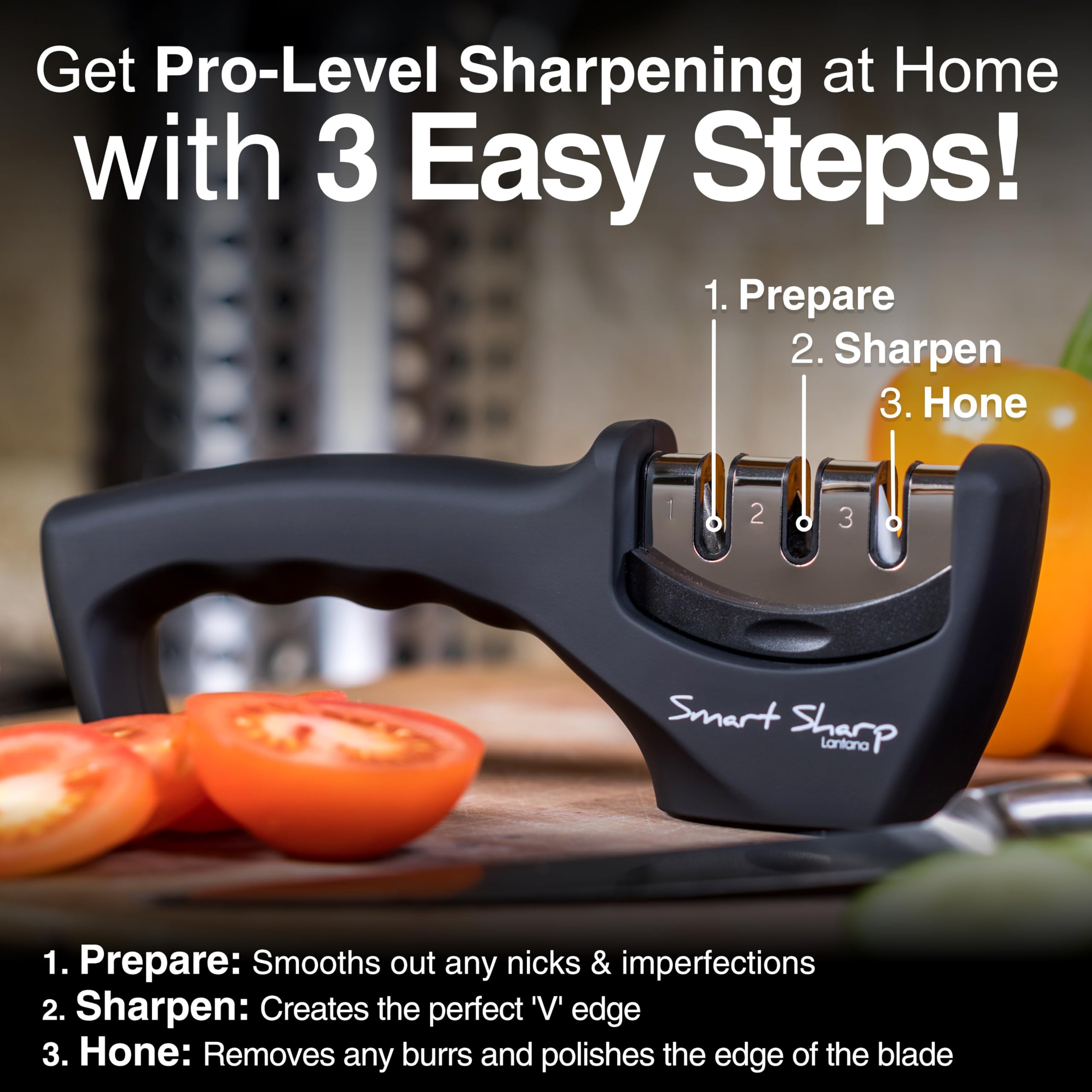 Lantana Smart Sharp ergonomic-handle shown for comfortable, secure sharpening.
