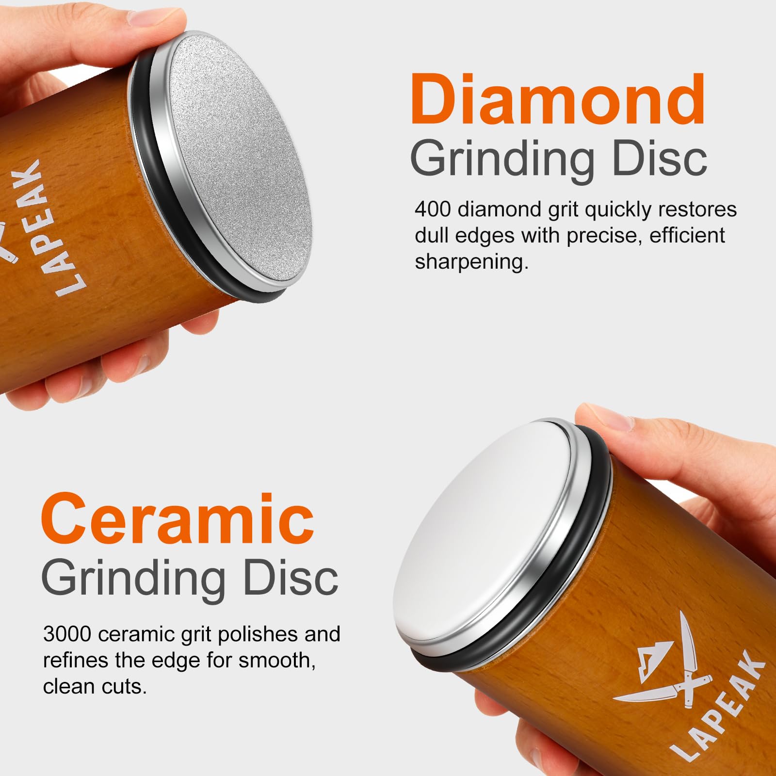 Close-up of Lapeak ceramic disc polishing a blade for smooth cuts