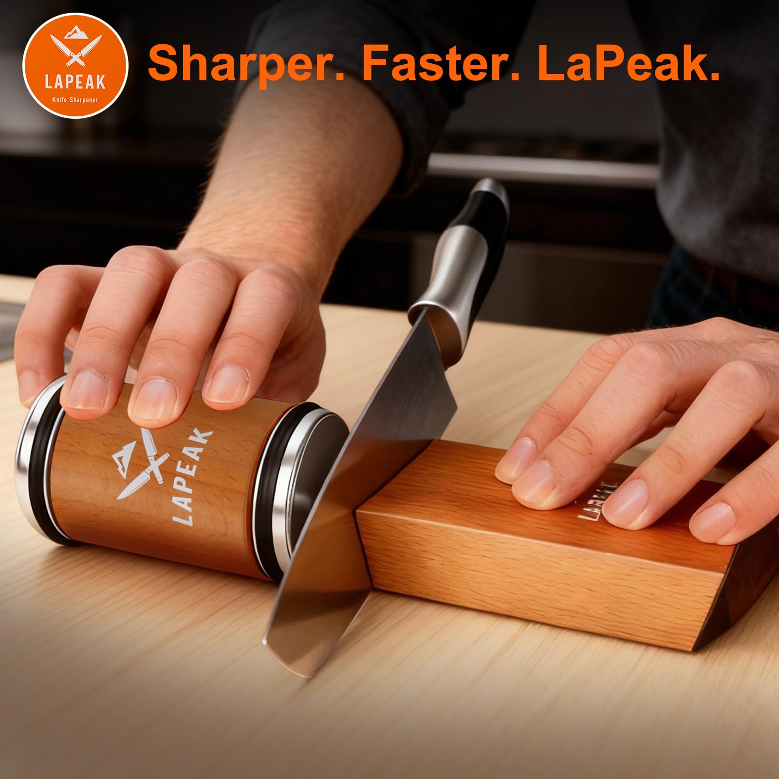 Premium wood base of Lapeak sharpener with four magnets holding knife