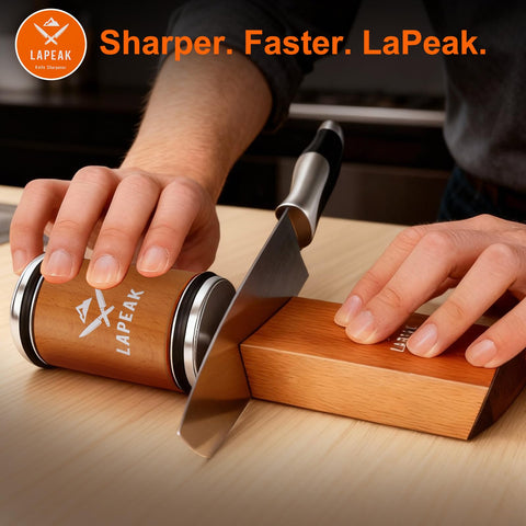 Premium wood base of Lapeak sharpener with four magnets holding knife