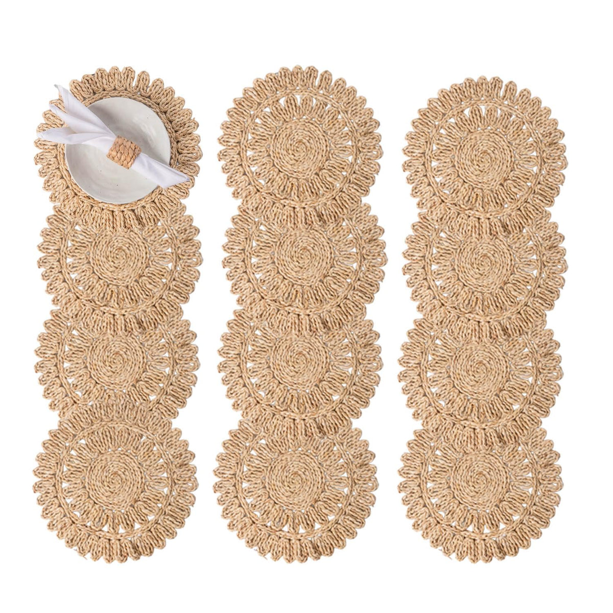 Laquedecraft 11.8 inch round placemat with natural corn husk texture and heat resistance.