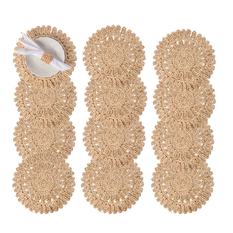 Laquedecraft 11.8 inch round placemat with natural corn husk texture and heat resistance.