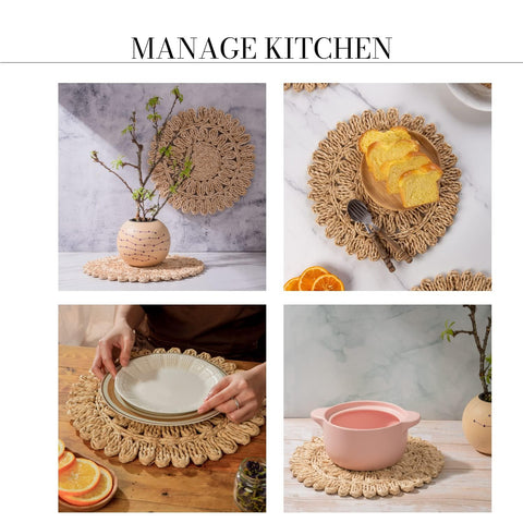 Laquedecraft 13.8 inch round placemat showing handwoven fiber and rustic charm.