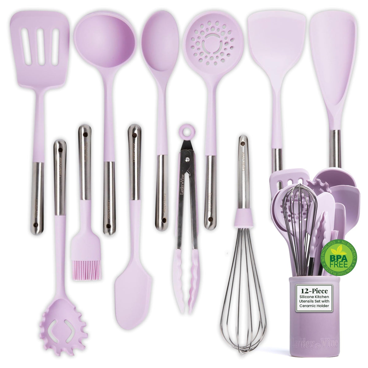 Larder & Vine 12-piece silicone utensils with stainless steel handles for versatile cooking tasks.