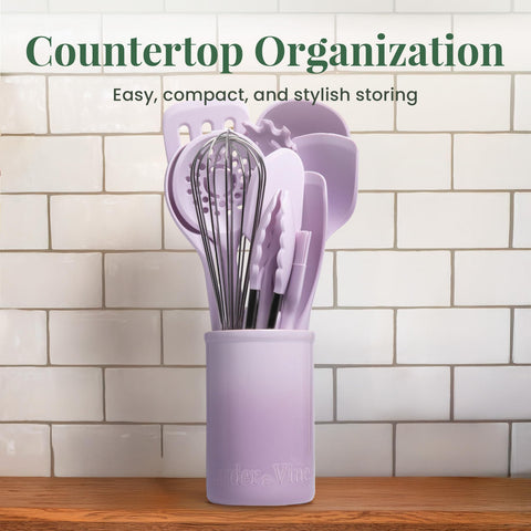 Larder & Vine includes whisk, spoon, pasta server, spatula, ladle, and more for versatile meals.
